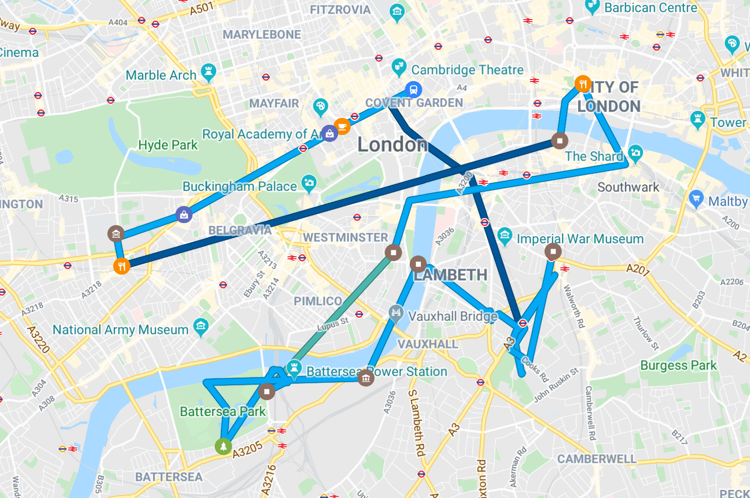 Map of Ale and Harry's route around London on their first date.